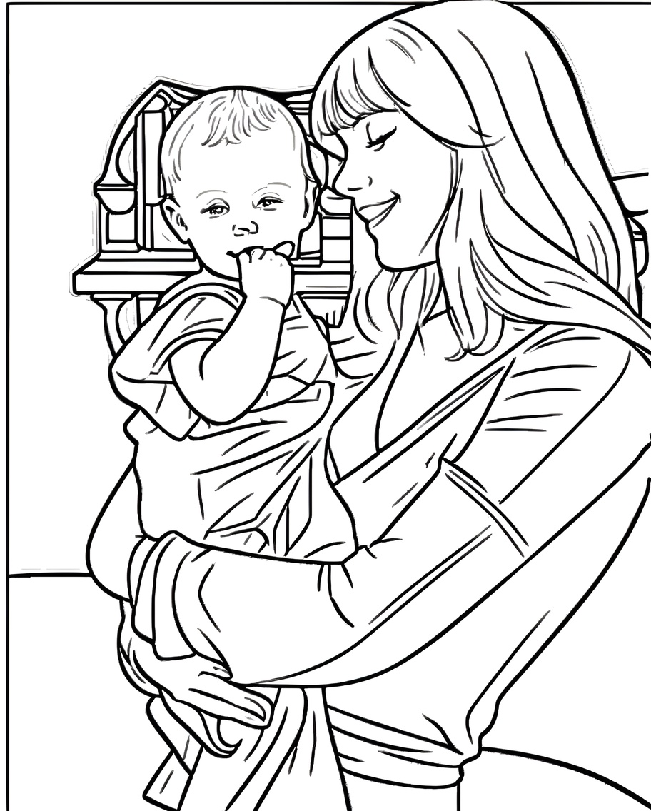 Coloring page of a mom holding a baby, created from a reference photo by PortraitArt app