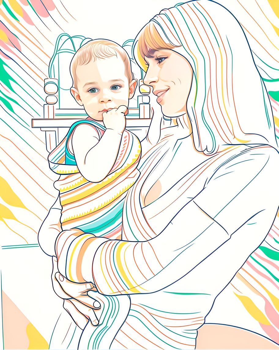 Line art drawing of a mom holding a baby, created from a reference photo by PortraitArt app