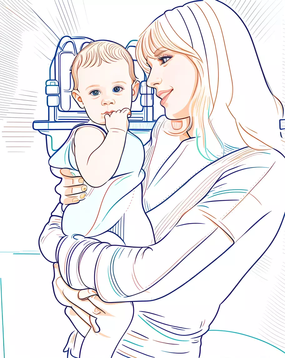Line art drawing of a mom holding a baby, created from a reference photo by PortraitArt app