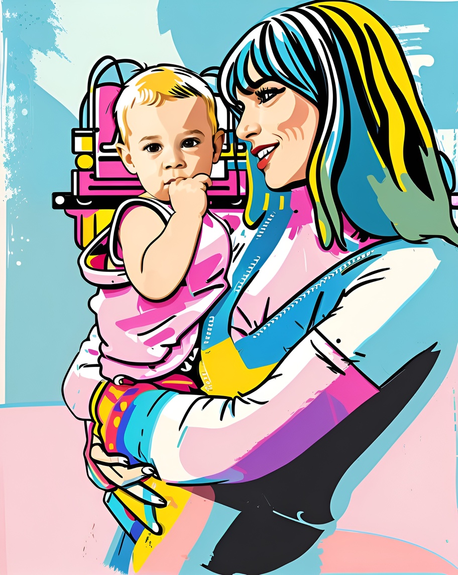 Pop art of a mom holding a baby, created from a reference photo by PortraitArt app