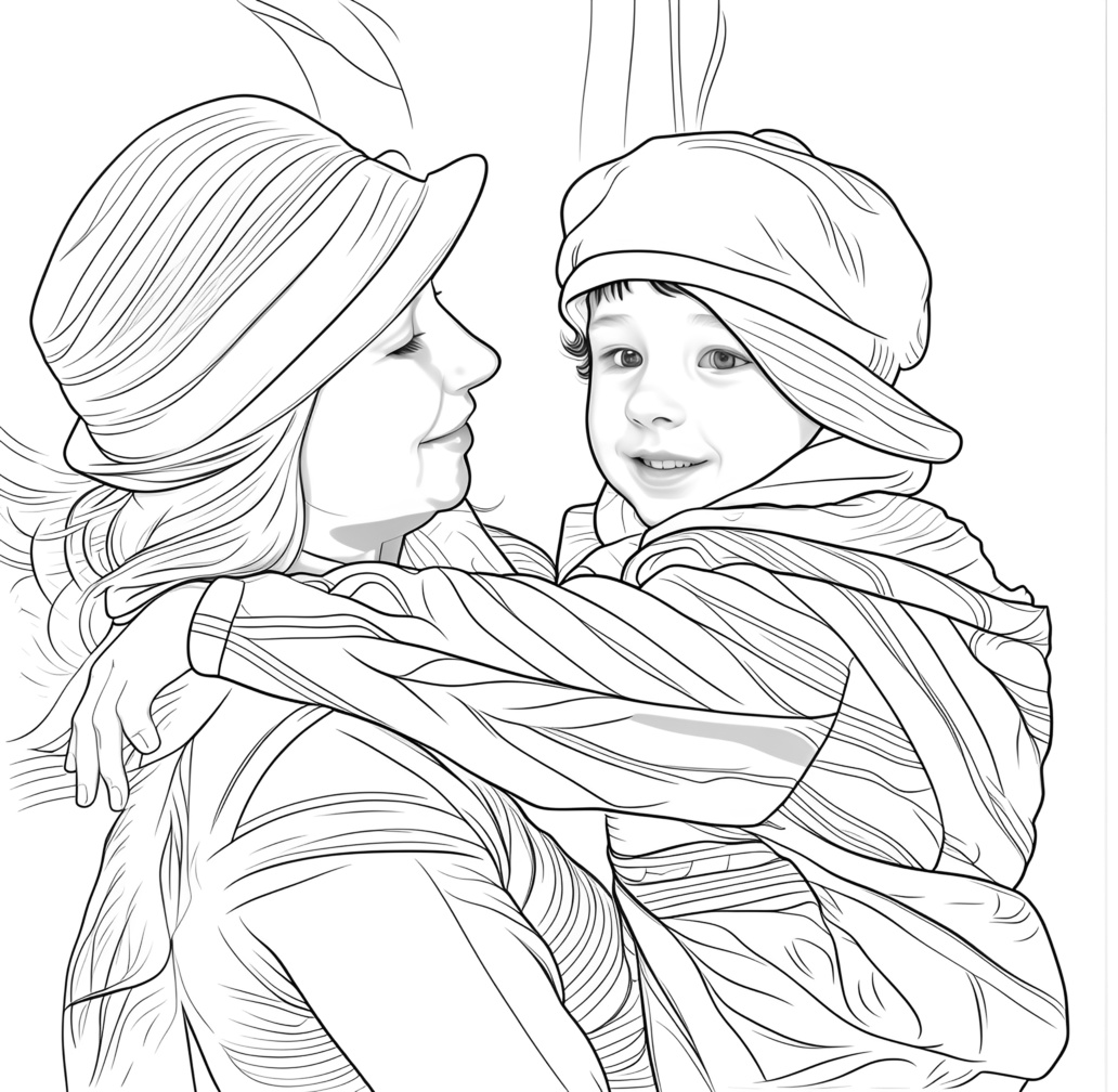 line sketch drawing of mom and a kid from a reference photo, created by generative AI similar as MidJourney and ChatGPT