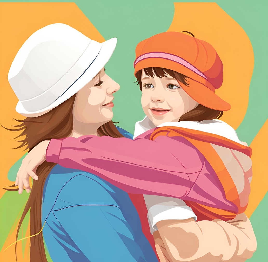 Vector art picture of a mother holding a girl, created from a reference photo by generative AI similar as MidJourney and ChatGPT