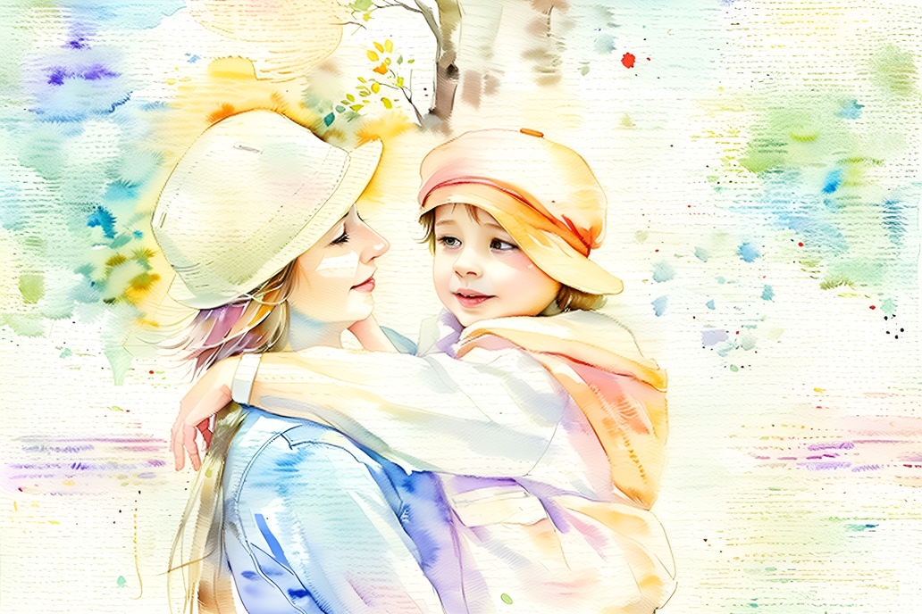 Watercolor painting of a mom holding a girl, created from a reference photo by generative AI similar as MidJourney and ChatGPT