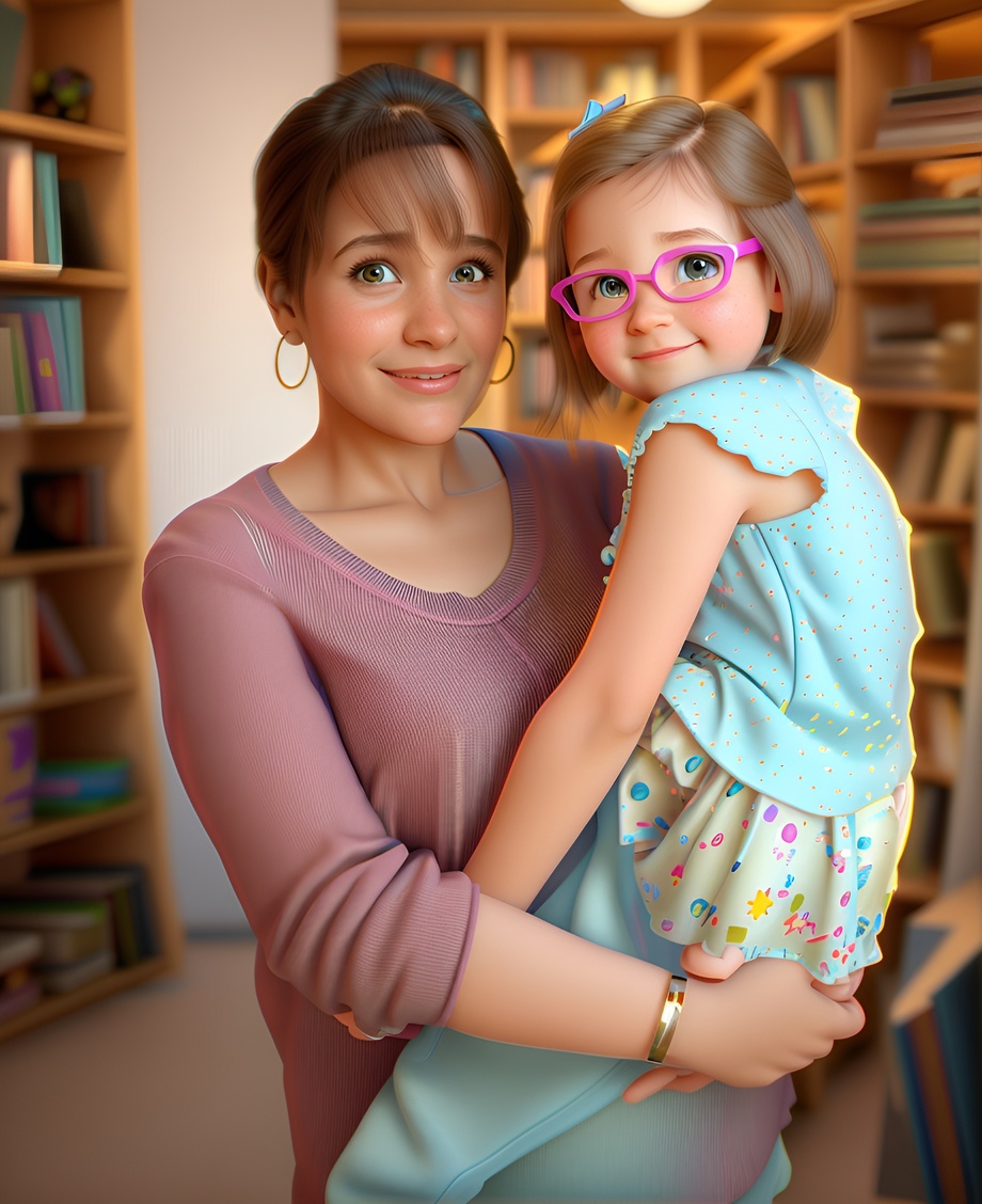 3D cartoon of a mom holding a girl, created from a reference photo by PortraitArt app