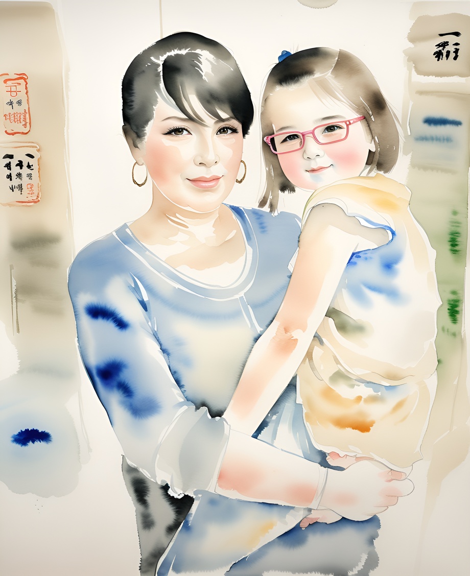 Chinese ink painting of a mom holding a girl, created from a reference photo by PortraitArt app