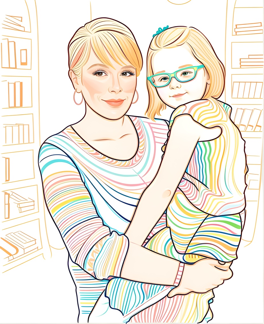 Line art picture of a mom holding a girl, created from a reference photo by PortraitArt app