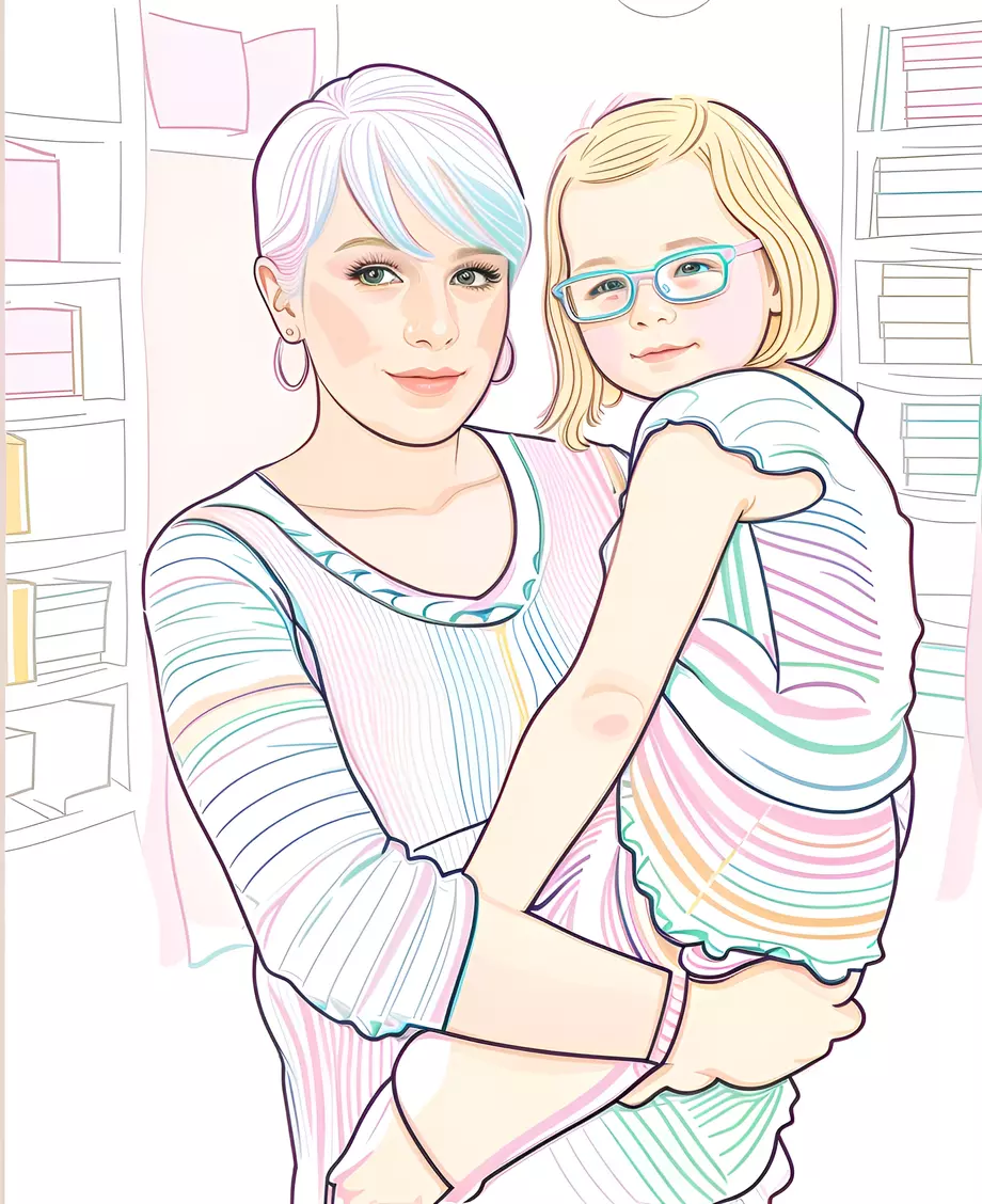 Line art picture of a mom holding a girl, created from a reference photo by PortraitArt app