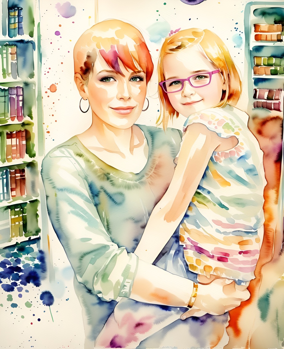 Watercolor painting of a mom and holding a girl, created from a reference photo by PortraitArt app