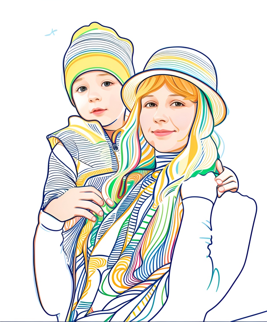 Line art of a mom and son, created from a reference photo by PortraitArt app