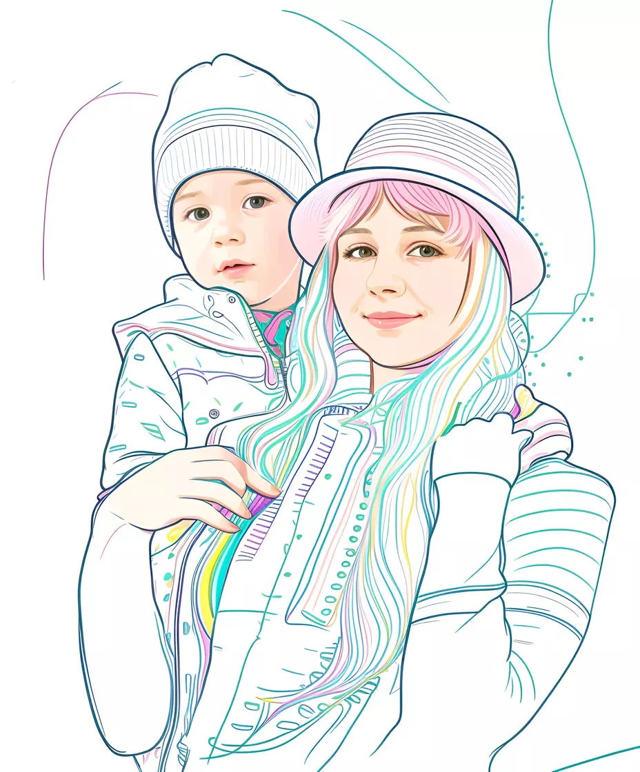 Line art of a mom and son, created from a reference photo by PortraitArt app