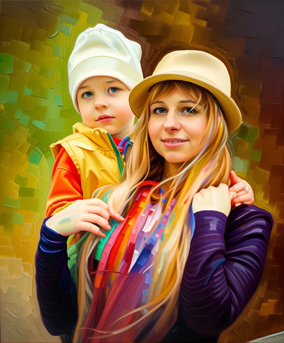 Vibrant painting of a mom and son, created from a reference photo by PortraitArt app