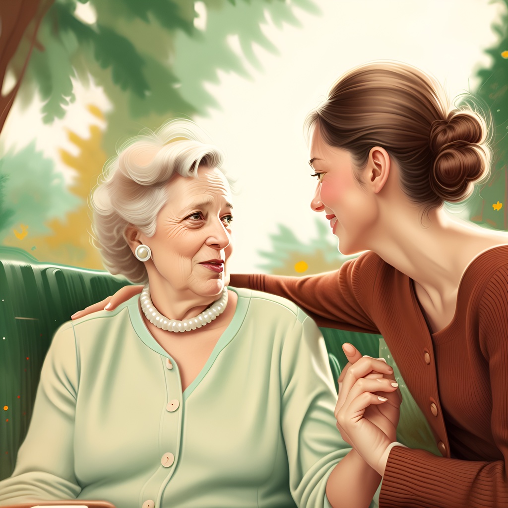 Vintage painting of a old woman and her adult daughter, created from a reference photo by generative AI similar as MidJourney and ChatGPT