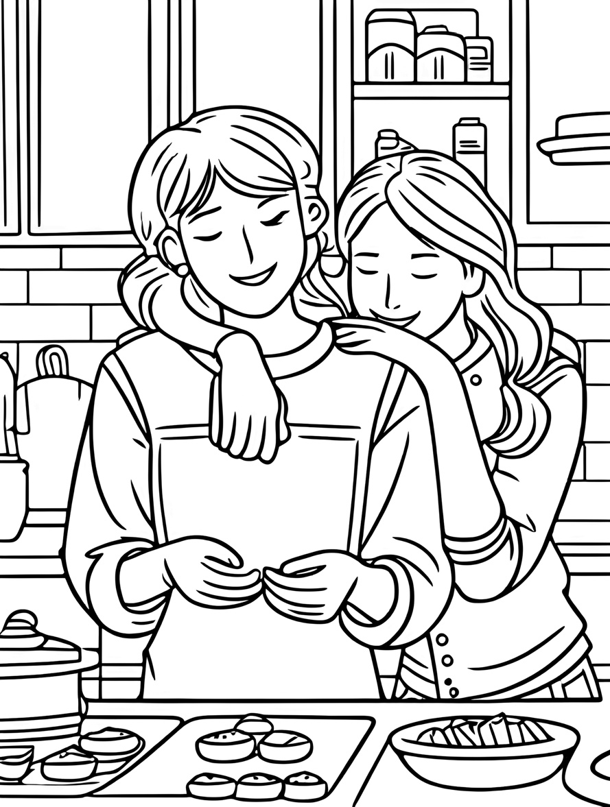 Coloring page of a mom and daughter cooking in kitchen, created from a reference photo by PortraitArt app