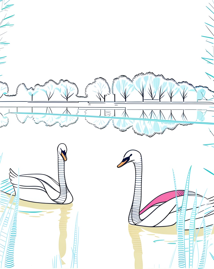 Line art picture of swans in a lake, created from a reference photo by generative AI similar as MidJourney and ChatGPT