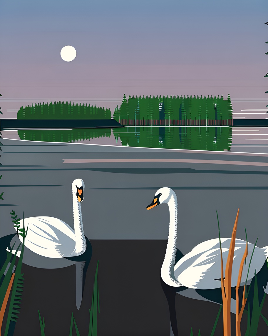 Vector art of a lake scene with two swans swimming, created from a reference photo by PortraitArt app