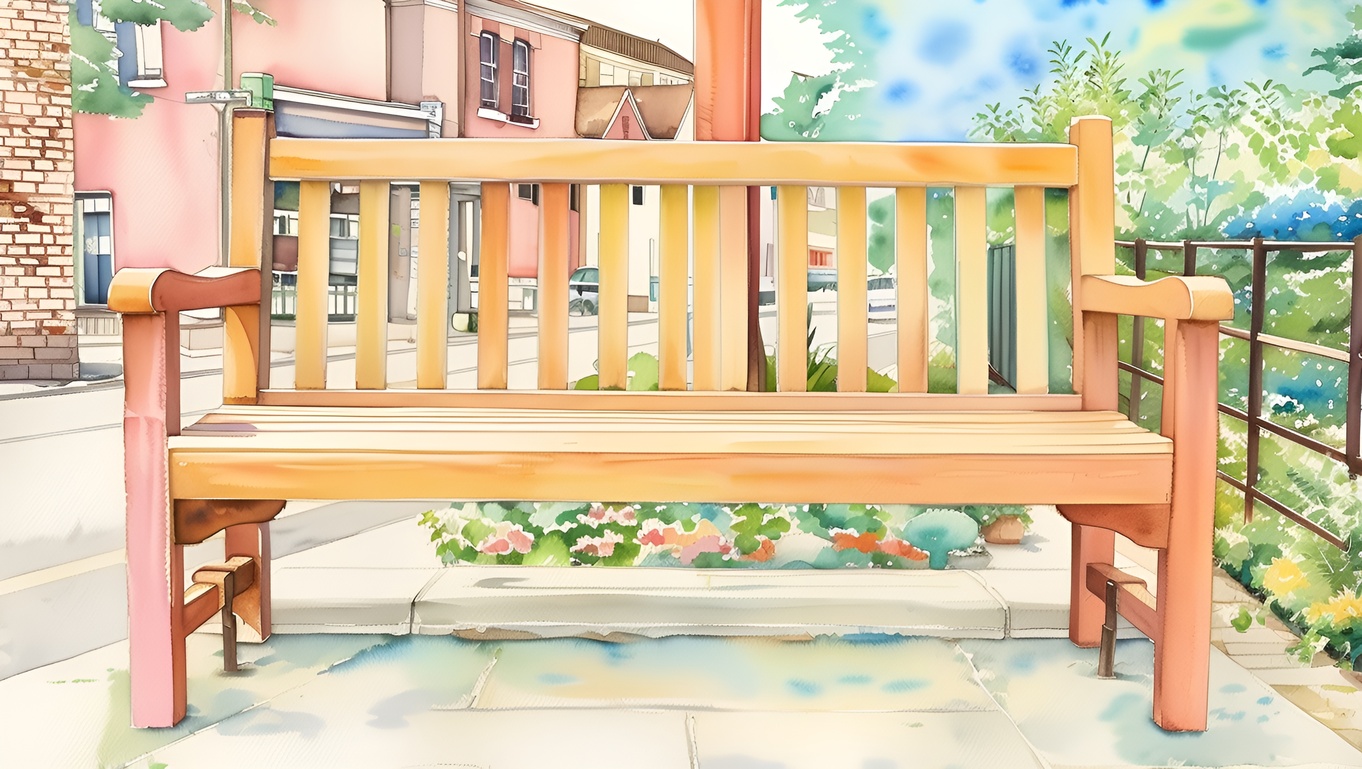 Watercolor painting of a outdoor bench, created from a reference photo by generative AI similar as MidJourney and ChatGPT