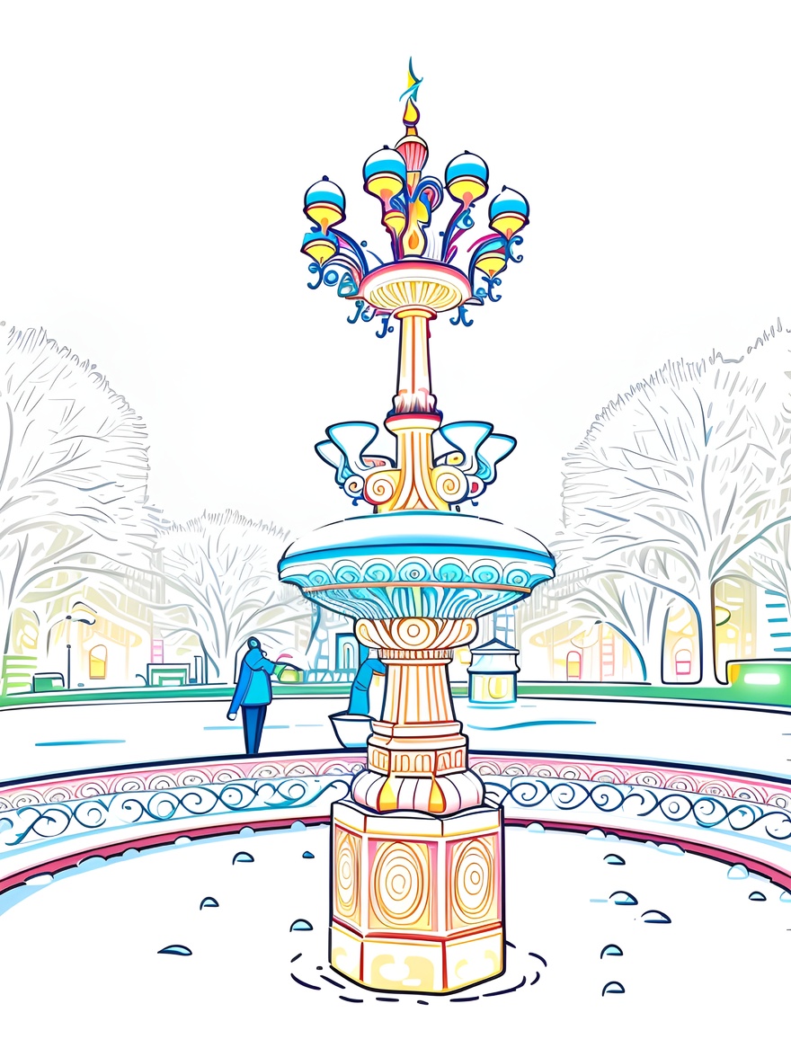 Line art picture of a fountain in a city park, created from a reference photo by PortraitArt app