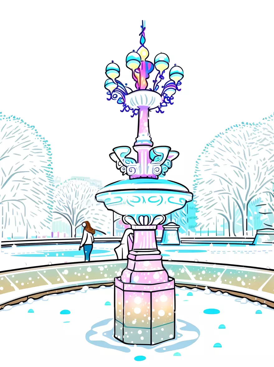 Linienkunstbild eines Brunnens in einem Stadtpark, der aus einem Referenzfoto von PortraitArt -App erstellt wurde