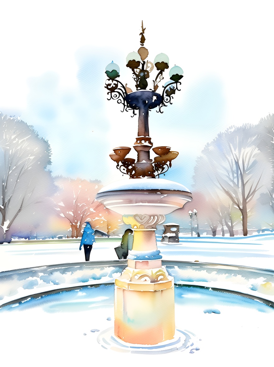 Watercolor painting of a fountain in a city park, created from a reference photo by PortraitArt app