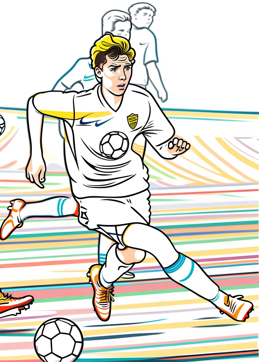 Line art picture of a young kid playing soccer, created from a reference photo by generative AI similar as MidJourney and ChatGPT