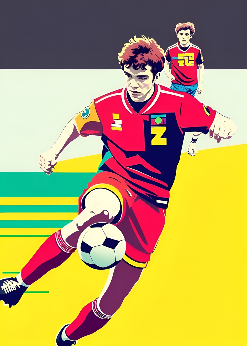 Pop art picture of a soccer player, created from a reference photo by generative AI similar as MidJourney and ChatGPT