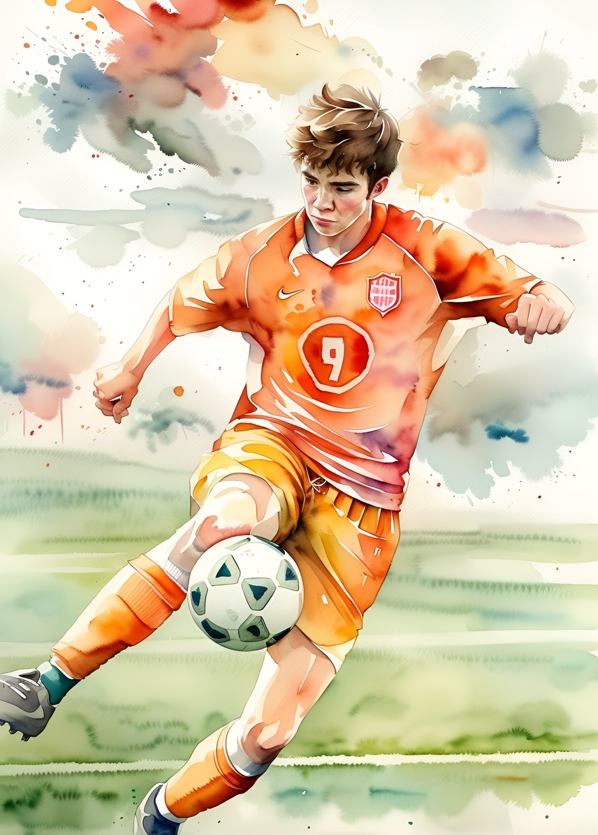 Watercolor painting of a soccer player, created from a reference photo by generative AI similar as MidJourney and ChatGPT