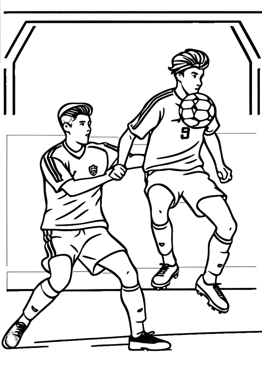 Coloring page of two soccer players, created from a reference photo by generative AI similar as MidJourney and ChatGPT