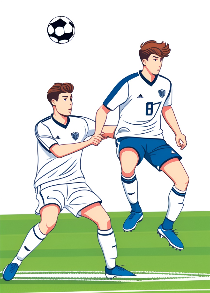 Line art picture of two young man playing soccer, created from a reference photo by generative AI similar as MidJourney and ChatGPT