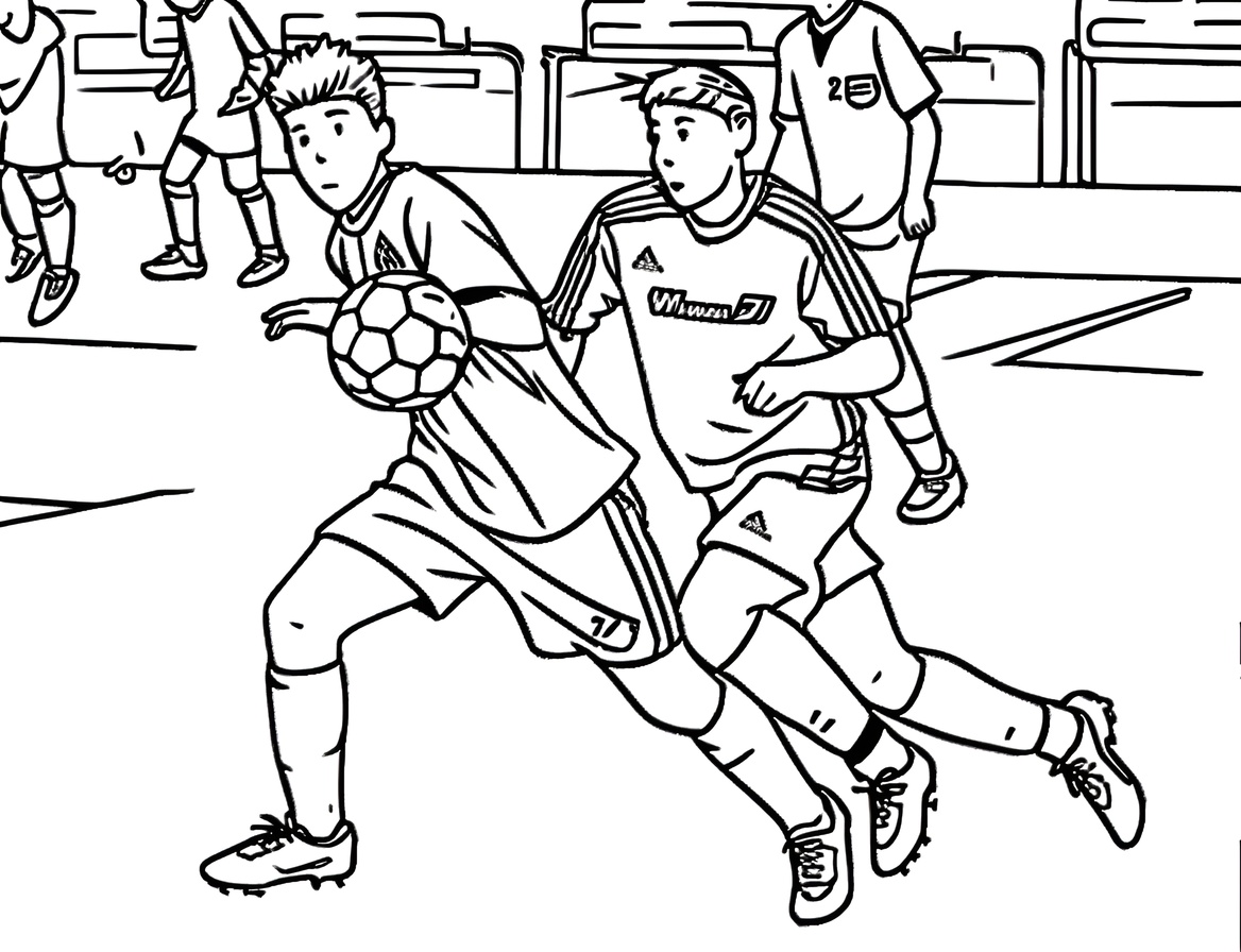 Coloring page of two kids playing soccer, created from a reference photo by generative AI similar as MidJourney and ChatGPT