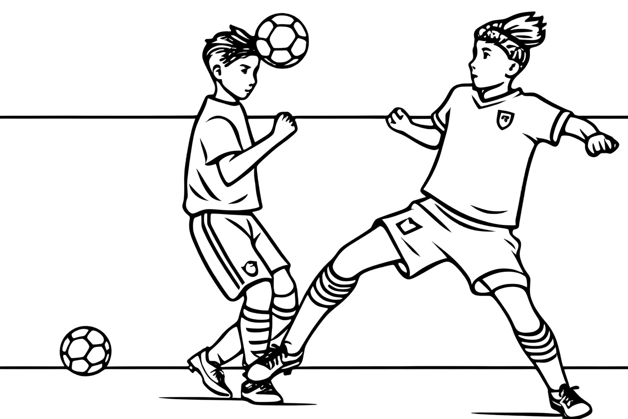 Coloring page of two kids playing soccer, created from a reference photo by generative AI similar as MidJourney and ChatGPT