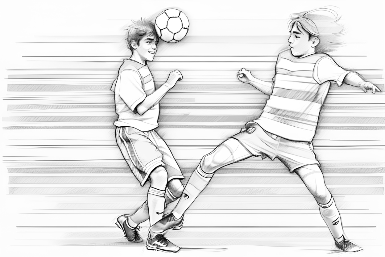 pencil skech drawing of two boys playing soccer from a reference photo, created by generative AI app