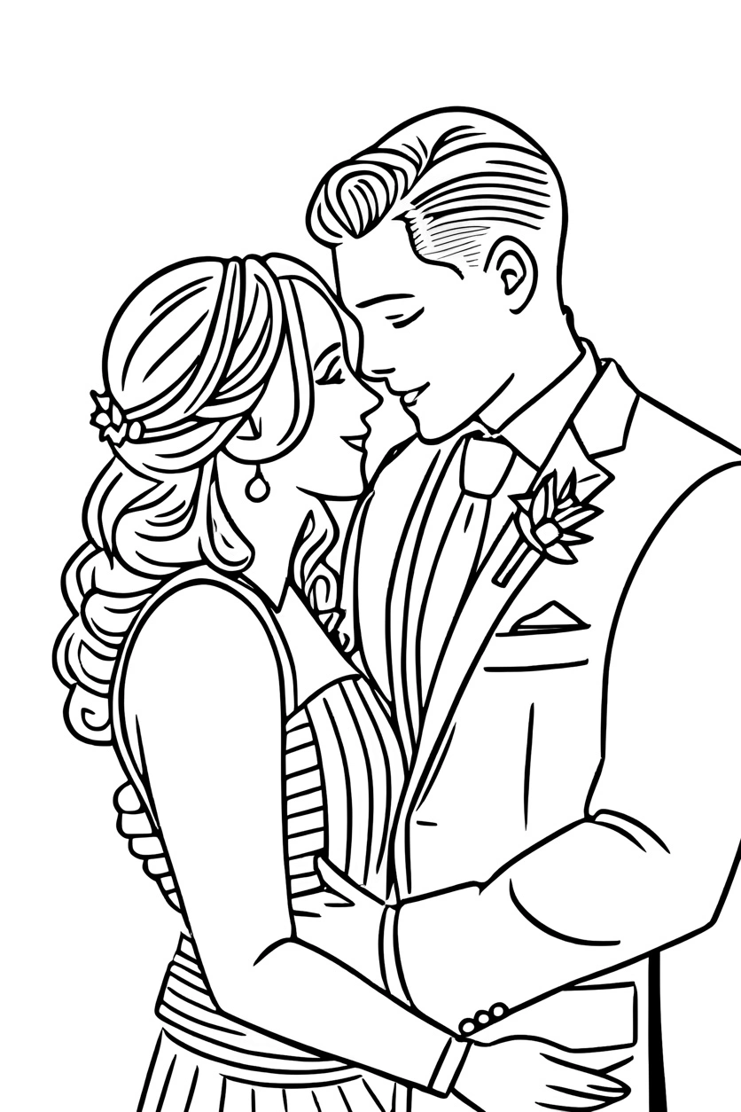 coloriage d'un couple en robe de mariée, créée à partir d'une photo de référence par Generative Ai similaire à MidJourney et Chatgpt