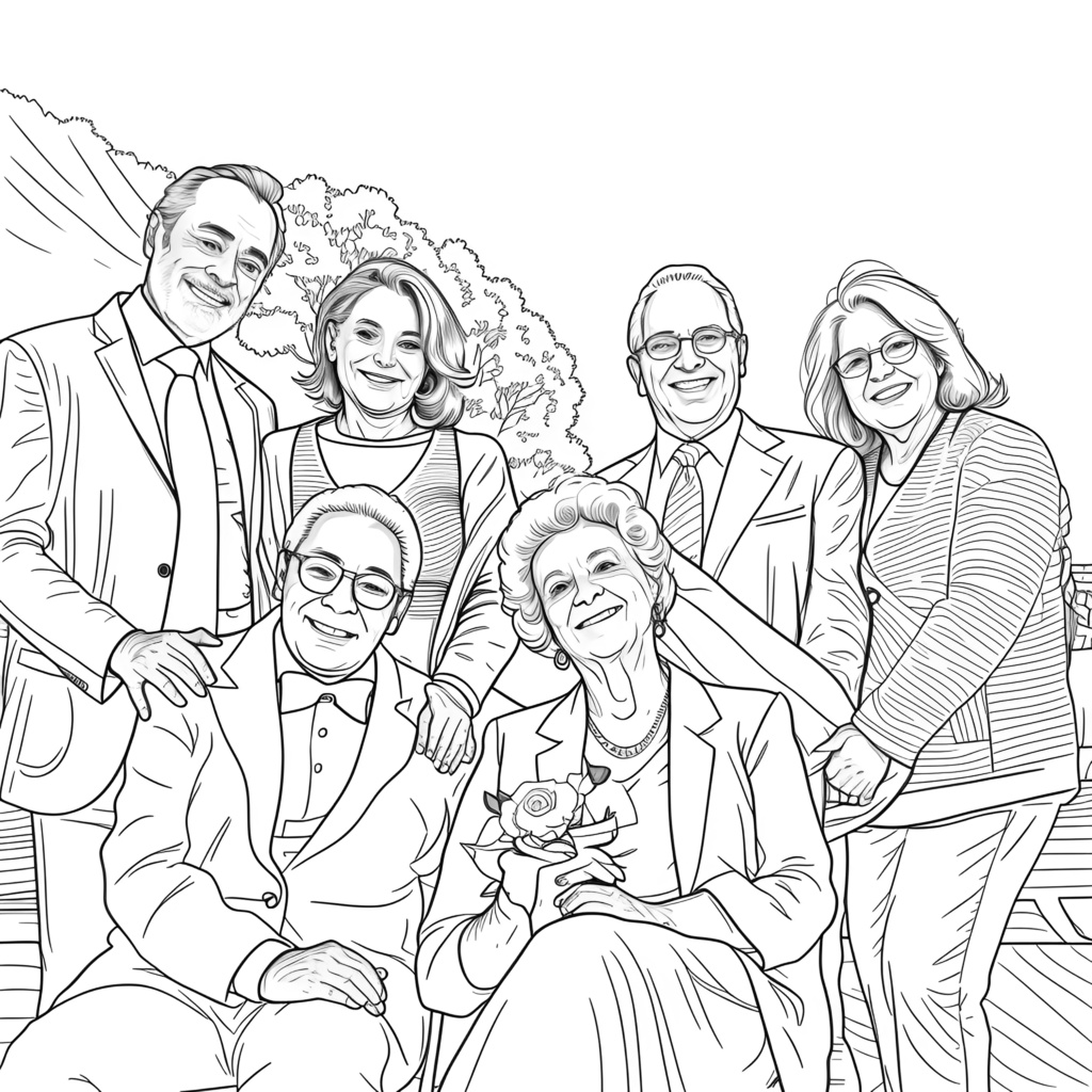 line sketch drawing of a family from a reference photo, by generative AI similar as MidJourney and ChatGPT