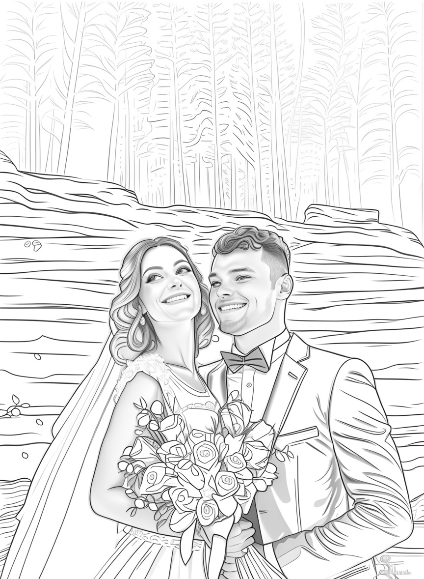 line sketch drawing of a couple in wedding dress, created from a reference photo by generative AI similar as MidJourney and ChatGPT