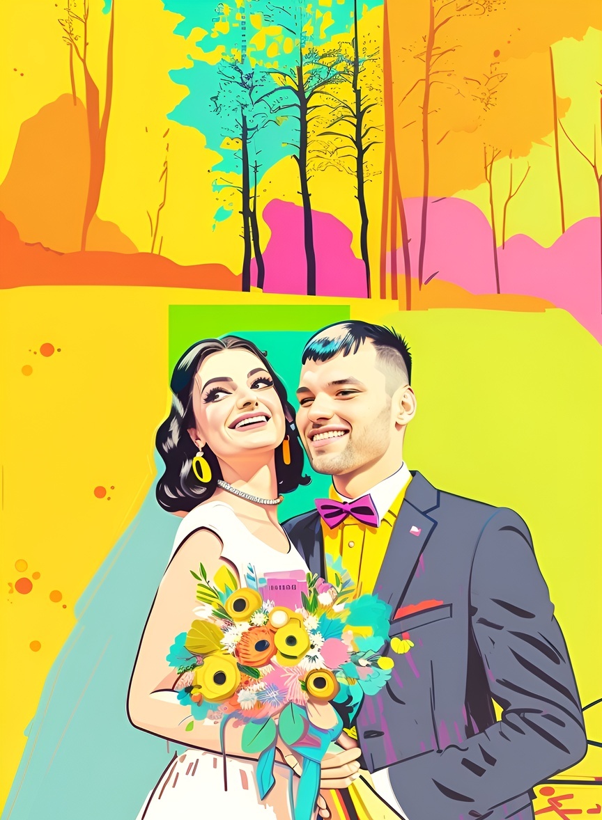 pop art picture of a couple in wedding dress, created from a reference photo by generative AI similar as MidJourney and ChatGPT